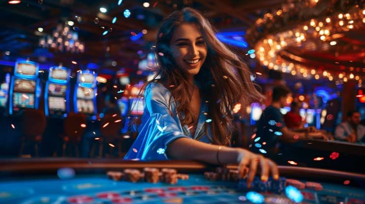 Ilustrasi meja live casino dengan dealer profesional